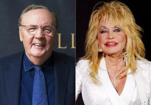 Author James Patterson appears at an event to promote his novel in New York on June 5, 2018, left, and Dolly Parton performs in concert on July 31, 2015, in Nashville, Tenn. The pair completed a project with words and music, “Run, Rose, Run,” an Amazon.com bestseller even before publication, and the work of fiction to arrive with an accompanying soundtrack. (AP Photo)