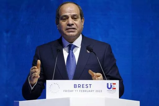 Egyptian President Abdel-Fattah el-Sissi delivers a speech during the One Ocean Summit, in Brest, Brittany, Feb. 11, 2022. The head of a journalists’ union said May 1, 2022, that Egyptian authorities have freed three journalists — the latest in a string of releases as el-Sissi appears to be reaching out to critics of his administration. Long pre-trial dentitions have been a major concern for rights groups in recent years. (Ludovic Marin, Pool via AP, File)