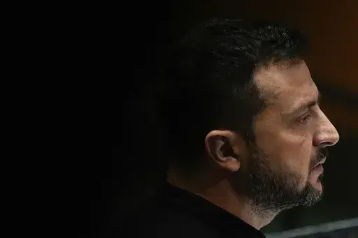 Ukraine President Volodymyr Zelenskyy addresses the 79th session of the United Nations General Assembly, Wednesday, Sept. 25, 2024, at the UN headquarters. (AP Photo/Julia Demaree Nikhinson)