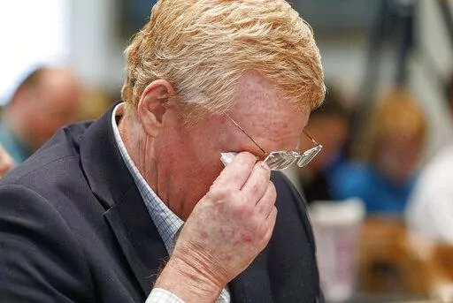 Alex Murdaugh becomes emotional during his double murder trial at the Colleton County Courthouse on Tuesday, Feb. 14, 2023, in Walterboro, S.C. The 54-year-old attorney is standing trial on two counts of murder in the shootings of his wife and son at their Colleton County home and hunting lodge on June 7, 2021. (Grace Beahm Alford/The Post And Courier via AP, Pool)