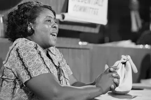 Fannie Lou Hamer, a leader of the Mississippi Freedom Democratic Party, testifies before the credentials committee of the Democratic National Convention in Atlantic City, N.J., on Aug. 22, 1964, as her racially integrated group challenged the seating of the all-white Mississippi delegation. (AP Photo, File)
