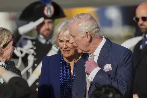 King Charles III, right, and Queen Camilla arrive at Rome's International Airport G.B. Pastine in Ciampino for a four-day official visit, Monday, April 7, 2025. (AP Photo/Andrew Medichini)