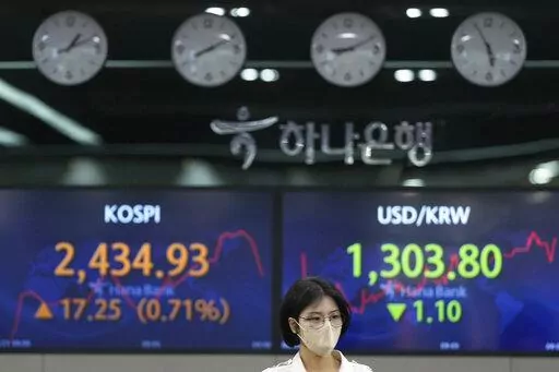 A currency trader walks near the screens showing the Korea Composite Stock Price Index (KOSPI), left, and the foreign exchange rate between U.S. dollar and South Korean won at a foreign exchange dealing room in Seoul, South Korea, Thursday, Feb. 23, 2023. Asian stock markets rose Thursday following Wall Street's biggest one-day decline in two months after notes from a Federal Reserve meeting showed officials expect to keep U.S. interest rates high to fight stubborn inflation. (AP Photo/Lee Jin-m