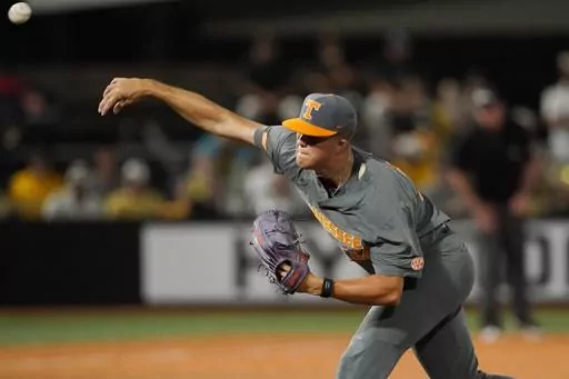 Tennessee pitcher Drew Beam throws during the first inning of an NCAA college baseball tournament super regional game against Southern Mississippi, Monday, June 12, 2023, in Hattiesburg, Miss. (AP Photo/Rogelio V. Solis)