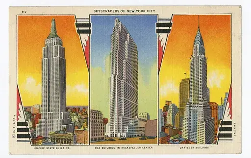 CORRECTS THE POSTCARD DESCRIPTION - This image provided by the Museum of the City of New York shows a postcard featuring the Empire State Building, from left, the RCA Building, and the Chrysler Building. (Museum of the City of New York via AP)