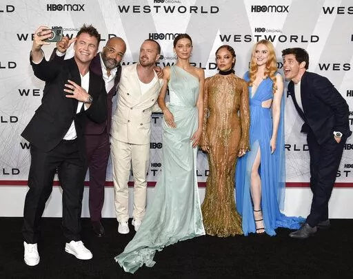 Luke Hemsworth, left, Jeffrey Wright, Aaron Paul, Angela Sarafyan, Tessa Thompson, Evan Rachel Wood and James Marsden attend the premiere of HBO's "Westworld" Season 4 at Alice Tully Hall on Tuesday, June 21, 2022, in New York. (Photo by Evan Agostini/Invision/AP, File)