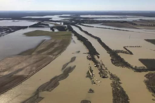 Backwater flooding covers stretches of farm land on March 17, 2019, near Yazoo City, Miss. Federal officials presented a proposal Thursday, May 4, 2023, to further control flooding in the Mississippi Delta, a move that comes after months of work from government agencies and decades of delays amid disputes over potential environmental impacts. (AP Photo/Holbrook Mohr, File)