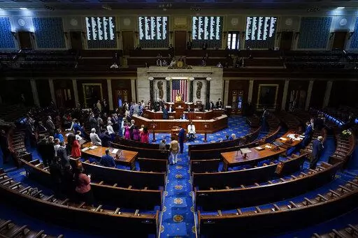House Speaker Nancy Pelosi of Calif., finishes the vote to approve the Inflation Reduction Act in the House chamber at the Capitol in Washington, Friday, Aug. 12, 2022.  On Friday, Aug. 25, The Associated Press reported on stories circulating online incorrectly claiming Congress exempted its members from IRS audits. (AP Photo/Patrick Semansky, File).  i