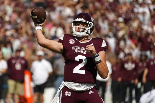 Mississippi State quarterback Will Rogers (2) passes against Arkansas during the first half of an NCAA college football game in Starkville, Miss., Saturday, Oct. 8, 2022. (AP Photo/Rogelio V. Solis)