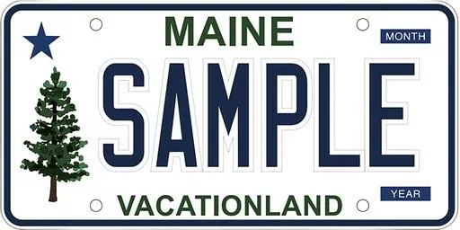 This image provided by the Maine Secretary of State’s Office shows Maine’s new license plate which is being unveiled Monday, Feb. 26, 2024 and gives a nod to the state’s first official flag with a simple pine tree and star. (Maine Secretary of State’s Office via AP)