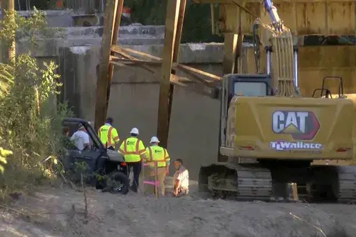 CORRECTS TO MISSISSIPPI DOT INSTEAD OF MISSOURI - This image taken from video from WLBT shows law enforcement and Mississippi Department of Transportation workers at the scene after a bridge over the Strong River on State Route 149 in Simpson County, Miss., collapsed on Wednesday, Oct. 16, 2024. (WLBT via AP)
