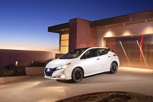 This photo provided by Nissan shows the 2023 Nissan Leaf, a compact electric hatchback with an EPA-estimated range starting at 149 miles in the base trim. (Jay K. McNally /Courtesy of Nissan North America via AP)