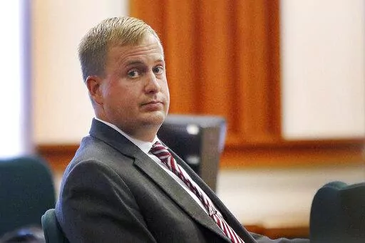 Former Idaho state Rep. Aaron von Ehlinger glances toward the gallery during his rape trial at the Ada County Courthouse on April 27, 2022, in Boise, Idaho.  The former Idaho lawmaker was convicted Friday, April 29, 2022, of raping a 19-year-old legislative intern after a dramatic trial in which the young woman fled the witness stand during testimony, saying “I can’t do this.”   (Brian Myrick/The Idaho Press-Tribune via AP)