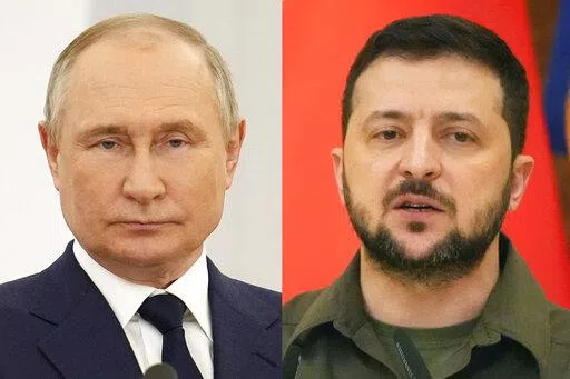 Russian President Vladimir Putin at the Kremlin in Moscow, on April 26, 2022, and Ukrainian President Volodymyr Zelenskyy in Kyiv, Ukraine, on May 8, 2022. An interminable and unwinnable war in Europe? That's what NATO leaders fear and are bracing for as Russia's war in Ukraine grinds into its third month with little sign of a decisive military victory for either side, and no resolution in sight. (AP Photo)