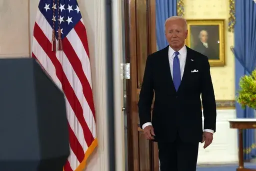 President Joe Biden arrives to speak in the Cross Hall of the White House Monday, July 1, 2024, in Washington. (AP Photo/Jacquelyn Martin)