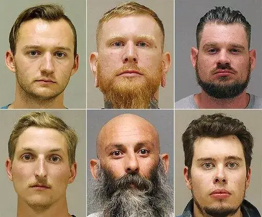 FILE - This photo combo shows from top left, Kaleb Franks, Brandon Caserta, Adam Dean Fox, and bottom left, Daniel Harris, Barry Croft, and Ty Garbin.   Defense attorneys have sought to dismiss the indictment against five men accused of plotting to kidnap Gov. Gretchen Whitmer because of what they describe as “egregious overreaching” by federal agents and informants. The Detroit News reports that defense attorneys filed a 20-page motion on Saturday, Dec. 25, 2021. (Kent County Sheriff via A