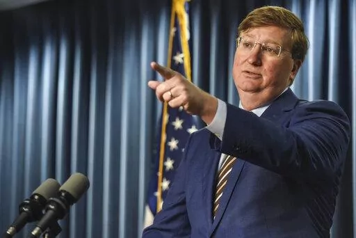 Mississippi Governor Tate Reeves speaks at a press conference regarding the Rental Assistance for Mississippians Program (RAMP) established during the COVID-19 pandemic in Jackson, Miss., Wednesday, Aug. 3, 2022. The Governor announced that the state would no longer be accepting applications for the program effective Aug. 15, the remaining funds of which would be returned to the United States Department of the Treasury. (Hannah Mattix/The Clarion-Ledger via AP)