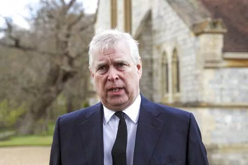 Britain's Prince Andrew speaks during a television interview at the Royal Chapel of All Saints at Royal Lodge, Windsor, April 11, 2021. Lawyers for Prince Andrew and Virginia Giuffre have filed their initial requests for witnesses in her lawsuit accusing the British royal of sexually abusing her at age 17. The prince has strenuously denied Giuffre’s allegations, telling the BBC in 2019 that sex with Giuffre “didn’t happen” and that he had “no recollection” of meeting her. (Steve Pars