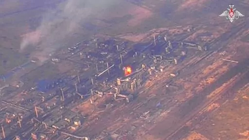 This photo taken from video released by Russian Defense Ministry Press Service on Monday, Feb. 19, 2024, shows an aerial view of the Avdiivka Coke and Chemical Plant, eastern Ukraine. Russian forces have taken complete control of the Ukrainian city of Avdiivka. Russian Defense Minister Sergei Shoigu told the Kremlin on Saturday that Russian forces were now working to clear the final pockets of resistance at the Avdiivka Coke and Chemical Plant, officials said in a statement. (Russian Defense Min