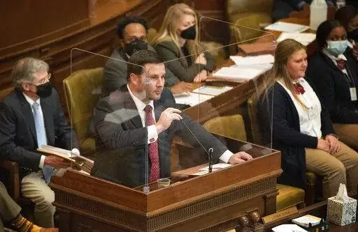 House Ways and Means Chairman Rep. Trey Lamar, R–Senatobia, introduces a bill on the Mississippi House of Representatives floor to phase out income tax, reduce grocery tax and increase the state sales tax in Jackson, Miss., Wednesday, Jan. 12, 2022. The bill was passed by a vote of 96-12. (Barbara Gauntt/The Clarion-Ledger via AP)