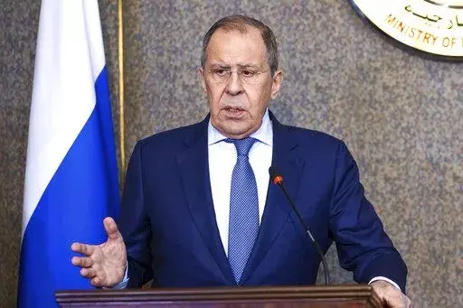 In this handout photo released by Russian Foreign Ministry Press Service, Russian Foreign Minister Sergey Lavrov gestures during a joint news conference with Egyptian Minister of Foreign Affairs Sameh Shoukry, following their talks in Cairo, Egypt, Sunday, July 24, 2022. (Russian Foreign Ministry Press Service via AP)