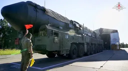 In this photo taken from video released by Russian Defense Ministry Press Service on Tuesday, Sept. 17, 2024, Russian RS-24 Yars strategic ballistic missiles launcher moves out a hangar during a drills in Ivanovo region, Russia. (Russian Defense Ministry Press Service photo via AP, File)
