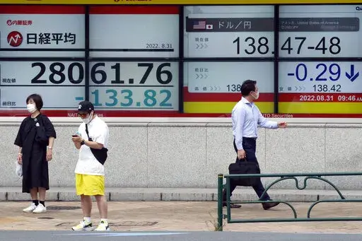 People wearing protective masks stand in front of an electronic stock board showing Japan's Nikkei 225 index at a securities firm Wednesday, Aug. 31, 2022, in Tokyo. Asian stocks followed Wall Street lower Thursday after strong U.S. jobs data fueled expectations of further interest rate hikes and Chinese manufacturing activity weakened. (AP Photo/Eugene Hoshiko)
