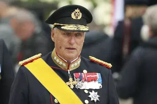 King Harald V of Norway leaves the Notre Dame cathedral after attending at the funeral of the Grand Duke Jean of Luxembourg, in Luxembourg, on May 4, 2019. Norwegian royal officials say that King Harald V of Norway has been hospitalized with an infection while on vacation in Malaysia. (AP Photo/Francisco Seco, File)