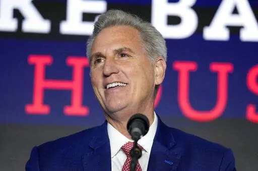 House Minority Leader Kevin McCarthy of Calif., speaks at an election event, early Wednesday, Nov. 9, 2022, in Washington. (AP Photo/Alex Brandon)