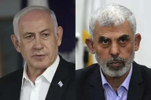 This combination of photos shows Israeli Prime Minister Benjamin Netanyahu, left, in Ramat Gan, Israel, on June 8, 2024, and Hamas leader Yahya Sinwar in Gaza City, on April 13, 2022. (AP Photo)