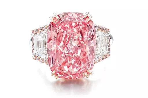 In this undated photo released by Sotheby's, The Williamson Pink Star is seen. The pink diamond was auctioned off at $49.9 million in Hong Kong on Friday, Oct. 7, 2022, setting a world record for the highest price per carat for a diamond sold at auction. (Sotheby's via AP)