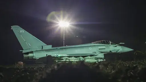 This photo issued by the Ministry of Defence (MOD) on Sunday, Feb. 4, 2024 shows a RAF Typhoon FGR4 aircraft returning to the base, following strikes against Houthi targets in Yemen. The U.S. and Britain struck 36 Houthi sites in Yemen in a second wave of assaults meant to further disable Iran-backed groups that have relentlessly attacked American and international interests in the wake of the Israel-Hamas war. In addition to the strikes on Saturday, U.S. Central Command says it conducted an add