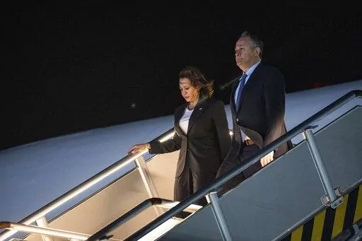 Vice President Kamala Harris and her husband Doug Emhoff arrive at Ninoy Aquino International Airport in Manila, Philippines, Sunday, Nov. 20, 2022. (Haiyun Jiang/The New York Times, Pool)