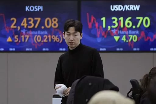 A currency trader passes by the screens showing the Korea Composite Stock Price Index (KOSPI), left, and the foreign exchange rate between U.S. dollar and South Korean won at the foreign exchange dealing room of the KEB Hana Bank headquarters in Seoul, South Korea, Thursday, March 9, 2023. Asian stock markets were mixed Thursday after Wall Street steadied following a plunge on worries about more U.S. interest rate hikes. (AP Photo/Ahn Young-joon)