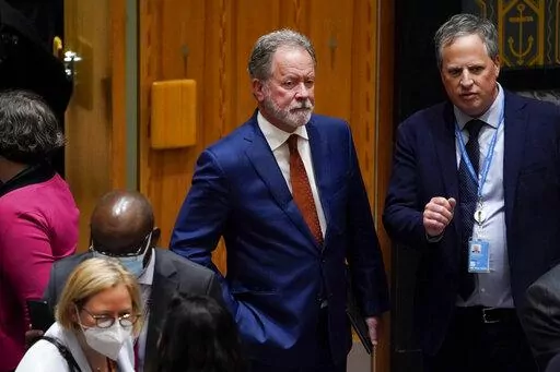 David Beasley, Executive Director of the United Nations World Food Programme, arrives to a UN Security Council Meeting on Food Insecurity and Conflict, Thursday, May 19, 2022, at United Nations headquarters. (AP Photo/John Minchillo)