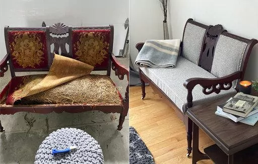 This combination of photos released by Shawn Hollenbach shows the transformation of an antique settee. America’s attics, basements and garages are filled with hand-me-down home decor and household goods waiting to be unearthed. And this may be the perfect moment for that to happen, with prices rising and supply chains at a crawl.  (Shawn Hollenbach via AP)
