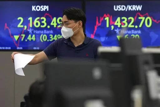 A currency trader gestures in front of the screens showing the Korea Composite Stock Price Index (KOSPI), left, and the exchange rate of South Korean won against the U.S. dollar, at the foreign exchange dealing room of the KEB Hana Bank headquarters in Seoul, South Korea, Friday, Sept. 30, 2022. Asian stocks have sunk again after German inflation spiked higher, British Prime Minister Liz Truss defended a tax-cut plan that rattled investors and Chinese manufacturing weakened. (AP Photo/Ahn Young-