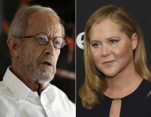 Author Elmore Leonard appears during an interview at his Bloomfield Township, Mich., home on Sept. 17, 2012, left, and actor-comedian Amy Schumer appears at the premiere of Hulu's Original Series "Life & Beth" in New York on March 16, 2022. A new study from PEN America finds that tens of thousands of books are banned or restricted by U.S. prisons. Leonard's thriller “Cuba Libre,”is banned in Michigan and Schumer's memoir “The Girl with the Lower Back Tattoo” was flagged by Florida offici