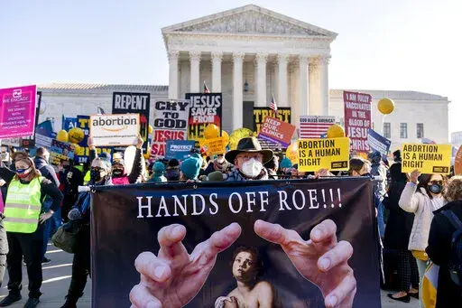 Stephen Parlato of Boulder, Colo., holds a sign that reads "Hands Off Roe!!!" as abortion rights advocates and anti-abortion protesters demonstrate in front of the U.S. Supreme Court, Dec. 1, 2021, in Washington, as the court hears arguments in a case from Mississippi, where a 2018 law would ban abortions after 15 weeks of pregnancy, well before viability. Abortion funds, entities that raise money to aid women get abortions, say they would need more donations this year if the U.S. Supreme Court 