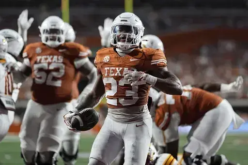 Texas running back Jaydon Blue (23) scores a touchdown against Louisiana-Monroe during the first half of an NCAA college football game in Austin, Texas, Saturday, Sept. 21, 2024. (AP Photo/Eric Gay)