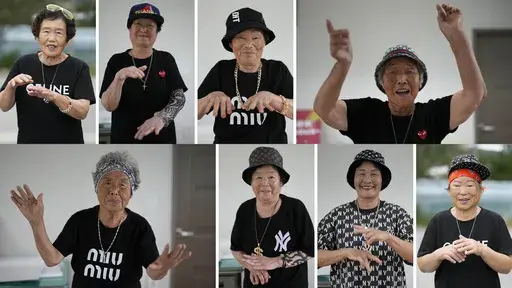 This combination image made from eight photographs show members of Suni and the Seven Princesses at a senior community center in Chilgok, South Korea, Thursday, Oct. 3, 2024. (AP Photo/Lee Jin-man)