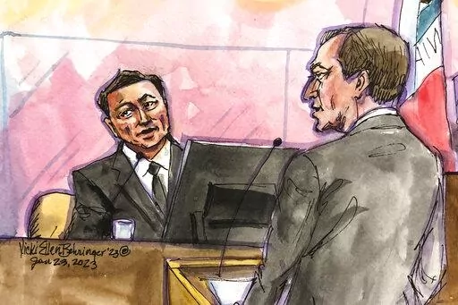 In this courtroom sketch is Elon Musk, left, with shareholder attorney Nicholas Porritt appears in federal court in San Francisco, Monday, Jan. 23, 2023. Musk returned to court Monday, testifying that he believed he had locked up financial backing to take Tesla private during 2018 meetings with representatives from Saudi Arabia's Public Investment Fund — although no specific funding amount or price was discussed. (Vicki Behringer via AP)