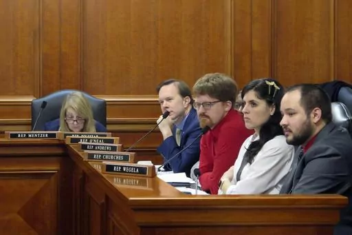 Democratic state Reps., from left, Denise Mentzer, Matt Koleszar, Joey Andrews, Jaime Churches and Dylan Wegela, listen as testimony is given during a House Labor Committee meeting, Wednesday, March 8 , 2023, in Lansing, Mich., on repealing the state's right-to-work law and restoring prevailing wages. (AP Photo/Joey Cappelletti)