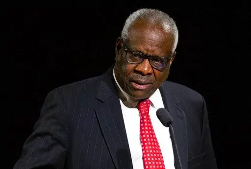 Supreme Court Justice Clarence Thomas speaks Sept. 16, 2021, at the University of Notre Dame in South Bend, Ind. Thomas says the Supreme Court has been changed by the leak of a draft opinion earlier this month. The opinion suggests the court is poised to overturn the right to an abortion recognized nearly 50 years ago in Roe v. Wade. The conservative Thomas, who joined the court in 1991 and has long called for Roe v. Wade to be overturned, described the leak as an unthinkable breach of trust. (R