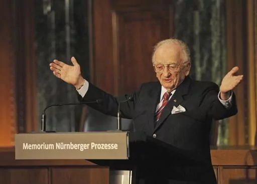 Benjamin Ferencz, Romanian-born American lawyer and chief prosecutor of the Nuremberg war crimes trials, speaks during an opening ceremony for the exhibition commemorating the Nuremberg war crimes trials in Nuremberg, Germany, Sunday, Nov. 21, 2010. Ferencz, the last living prosecutor from the Nuremberg trials, who tried Nazis for genocidal war crimes and was one of the first outside witnesses to document the atrocities of Nazi labor and concentration camps as a U.S. Army soldier, died Friday ev
