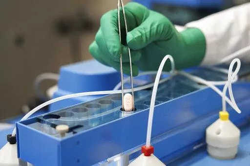 This image provided by Pfizer in October 2021 shows the company's COVID-19 Paxlovid pills. U.S. health regulators on Wednesday, Dec. 22, 2021 authorized the first pill against COVID-19, a Pfizer drug that Americans will be able to take at home to head off the worst effects of the virus. (Pfizer via AP)