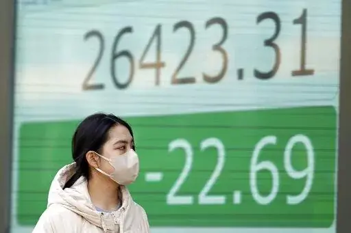 A person wearing a protective mask walks in front of an electronic stock board showing Japan's Nikkei 225 index at a securities firm Thursday, Jan. 12, 2023, in Tokyo. Asian shares were mixed Thursday ahead of a closely watched report on U.S. inflation viewed as a good indicator of whether Wall Street’s recent rising optimism is warranted or overdone. (AP Photo/Eugene Hoshiko)