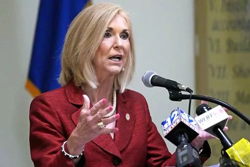 Mississippi's Republican Attorney General Lynn Fitch speaks at the Central Mississippi Correctional Facility in Pearl, Miss., May 9, 2023. The Hinds County District Attorney's office, the prosecutor's office in Mississippi's largest county, said Wednesday, July 12, that Fitch made a politically motivated decision to ask a state appeals court to overturn the conviction of a former police officer in the 2019 beating death of a man who was pulled from a vehicle and subdued by three officers. (AP Ph