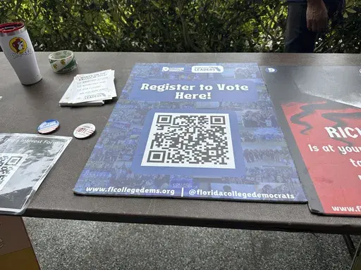 A QR code sign is displayed at Florida Atlantic University April 11, 2024, in Boca Raton, Fla. for students to register to vote. A three-year-old Biden executive order asking federal agencies to prioritize voter registration is being targeted by Republicans as this year's presidential election draws closer and has become entangled in the politics of immigration. (AP Photo/Cody Jackson, File)