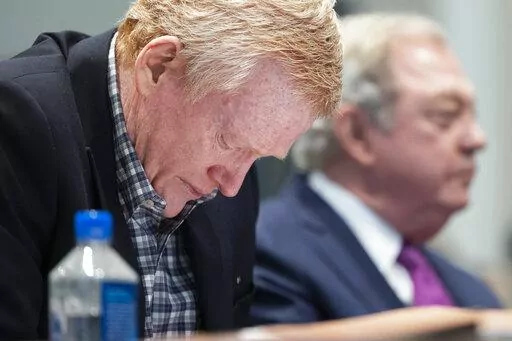 A tear drops from Alex Murdaugh's eye as he listens to his friend Chris Wilson testify during his double murder trial at the Colleton County Courthouse on Thursday, Feb. 9, 2023, in Walterboro, S.C. The 54-year-old attorney is standing trial on two counts of murder in the shootings of his wife and son at their Colleton County home and hunting lodge on June 7, 2021. (Joshua Boucher/The State via AP, Pool)